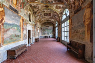 Viterbo, Lazio, İtalya 'nın Bagnaia eyaletindeki muhteşem Villa Lante' de manzara. Mayıs-02-2024