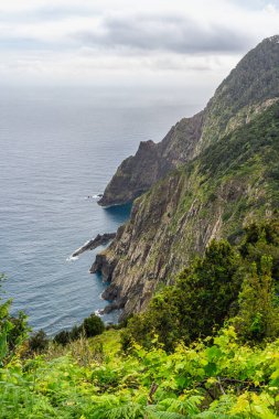 Vereda do Larano yürüyüşü, Madeira Adası, Portekiz boyunca manzaralı panoramik manzara.