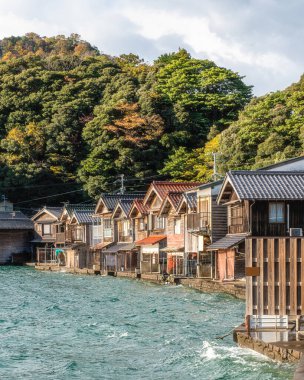 Ine Körfezi 'nde güzel bir öğleden sonra manzarası, tipik Funaya kayıkhaneleriyle. Kyoto, Japonya.