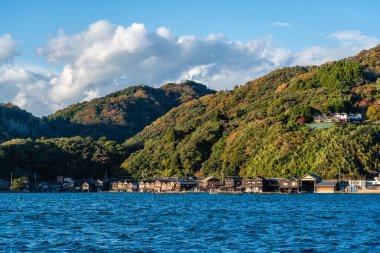 Ine Körfezi 'nde güzel bir öğleden sonra manzarası, tipik Funaya kayıkhaneleriyle. Kyoto, Japonya.