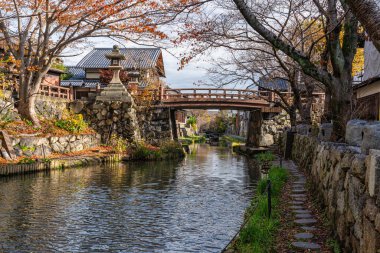 Scenic sight of Hachiman-bori canal in Omihachiman during fall season. Kansai region, Shiga Prefecture, Japan.