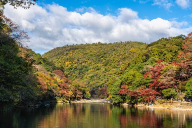 Sonbahar mevsiminde ünlü Arashiyama ormanındaki Katsura nehri boyunca güzel bir manzara. Kyoto, Japonya.