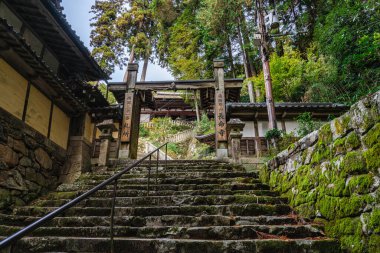Güz mevsiminde güzel Chomeiji Tapınağı, Biwa Gölü 'nde, Omihachiman kasabası yakınlarında. Shiga Bölgesi, Japonya.