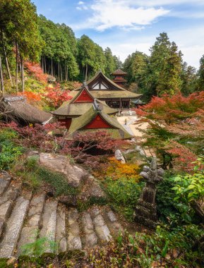 Güz mevsiminde güzel Chomeiji Tapınağı, Biwa Gölü 'nde, Omihachiman kasabası yakınlarında. Shiga Bölgesi, Japonya.