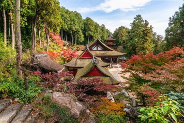 Güz mevsiminde güzel Chomeiji Tapınağı, Biwa Gölü 'nde, Omihachiman kasabası yakınlarında. Shiga Bölgesi, Japonya.