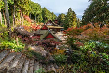 Güz mevsiminde güzel Chomeiji Tapınağı, Biwa Gölü 'nde, Omihachiman kasabası yakınlarında. Shiga Bölgesi, Japonya.