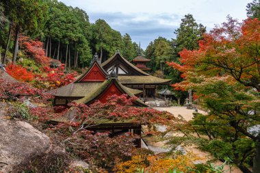 Güz mevsiminde güzel Chomeiji Tapınağı, Biwa Gölü 'nde, Omihachiman kasabası yakınlarında. Shiga Bölgesi, Japonya.