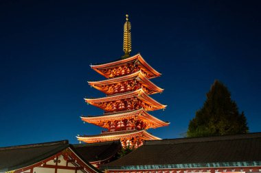 Tokyo 'daki ünlü Senso-ji Tapınağı gece aydınlandı. Japonya.