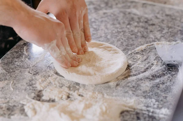 Male Hands Making Dough Pizza Bread Pastries — Stock Photo, Image
