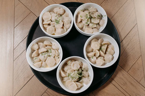Traditional Pelmeni Ravioli Dumplings Filled Meat Plate — Fotografia de Stock