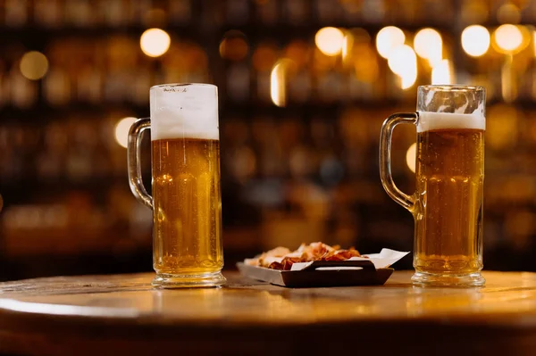 Two Glasses Beer Hands Men Friends Bar Evening Pub — Stock Photo, Image