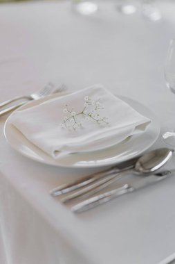 Şık masa düzenleme düzgünce katlanmış peçete ve küçük çiçek içerir.