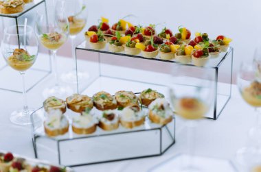 Taze meyve ve lezzetli malzemeler içeren çeşitli gurme ısırıklarının zarif bir gösterisi. Renkli ordövrler şeffaf stantlarda güzelce düzenlenir, yemek deneyimini geliştirir..