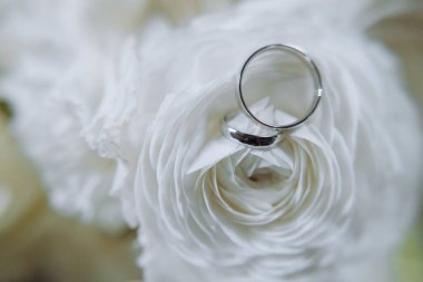 Zarif beyaz çiçeklere takılmış güzel bir gümüş alyans romantik bir ortamda aşkı ve bağlılığı simgeliyor..