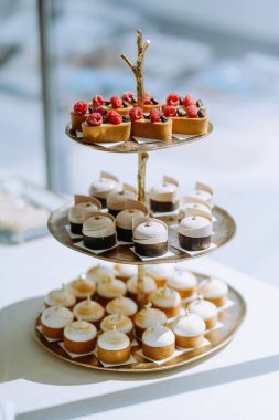 Mini kekler ve meyveli turtalarla her kutlama için mükemmel hazırlanmış üç katlı bir tatlı standı..