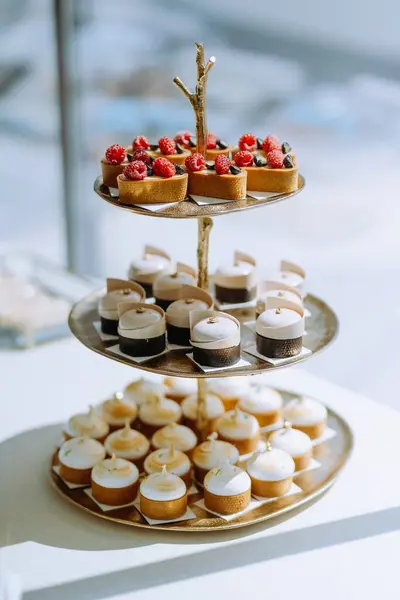 Mini kekler ve meyveli turtalarla her kutlama için mükemmel hazırlanmış üç katlı bir tatlı standı..