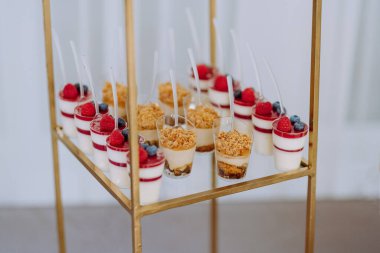 Krema, meyve ve granola katmanlarının yer aldığı küçük bardaklarda servis edilen lezzetli bir tatlı çeşidi, partilerde ve kutlamalarda servis yapmak için mükemmel..