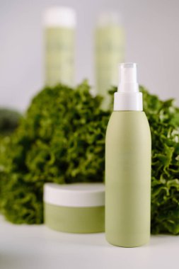 Taze yeşil yapraklarla izole edilmiş çevre dostu kozmetik konteynırlar, organik cilt ürünlerinin tanıtımı için mükemmel..