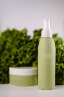 Çevre dostu kozmetik konteynırlar yapraklı arka planda, organik cilt bakımı ya da güzellik damgası için mükemmel..