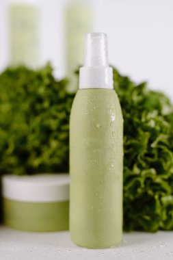 Su damlalarıyla izole edilmiş nemli yeşil kozmetik sprey şişesi, taze marul ve doğal cilt bakımı ile çevrili..