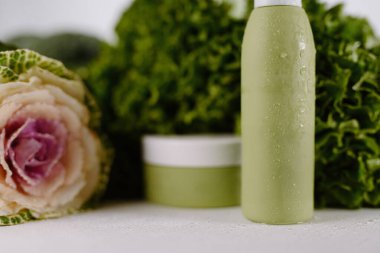 Yeşil kozmetik şişesi ve krema kavanozu taze marul ve lahana ile izole edilmiş, organik cilt bakımı için ideal..