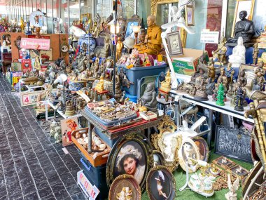Bangkok Thailand - 15 Jan 2023: Many  second hand shop old vintage objects and furniture for sale in the Chatuchak weekend market