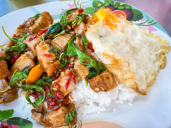 Rice Topped Crispy Pork Belly Thai Basil Fried Egg — Stock Photo, Image