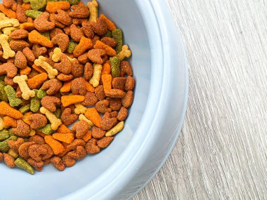 Ahşap arka planda köpek maması yemeye hazır.