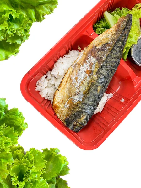 Peixe Saba Grelhado Com Salada Recipiente Comida Mesa — Fotografia de Stock