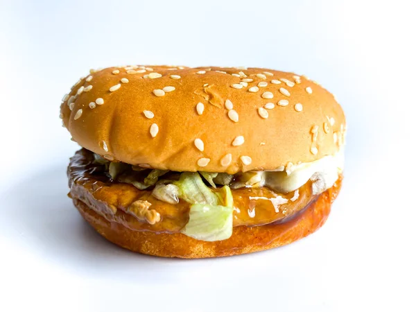 Varkenshamburger Klaar Eten Witte Achtergrond — Stockfoto