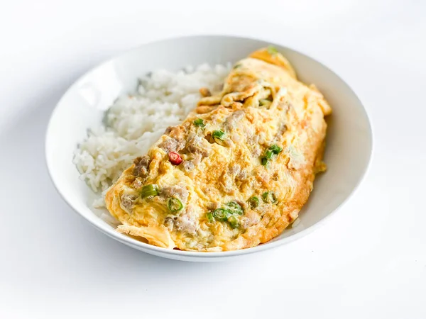 Omelet Pork Chili Rice White Background — Stock Photo, Image