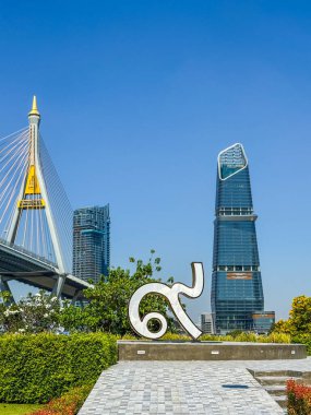 Bangkok Thailand - 30 Nov 2024: The Bhumibol Bridge over Choa Phraya River in Town of Phra Pradaeng in Province Samut Prakan in Thailand clipart