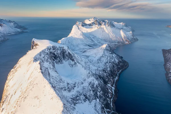 Snow Covered Mountain Range Coastline Winter Norway Senja Panoramic Aerial — Stockfoto