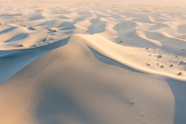 Mesquite Düzlüğü Kum Tepesi 'nde, Kaliforniya' daki Ölüm Vadisi Ulusal Parkı 'nda güneş doğarken oluşan doğal dalgalı kum deseni manzarası. Mojave çölünde sabah yürüyüşü Amargosa sıradağları arkada.