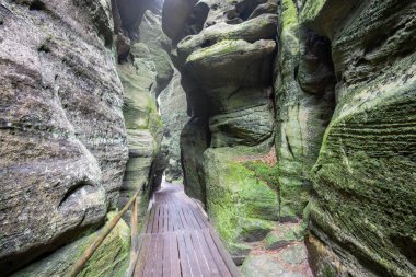 Teplice Kayalıkları 'ndaki rock şehrinin kalıntıları, Broumov dağlık kesimindeki Adrspach-Teplice peyzaj parkının bir parçası, Çek Cumhuriyeti' nin Bohemya bölgesi, kaya kuleleri ve duvarlar arasındaki turizm yolu. Avrupa