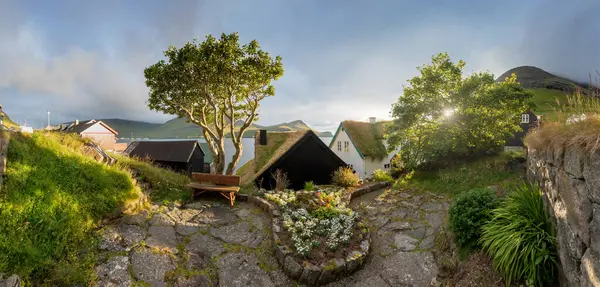 有草皮屋顶的房子 Bour村 漂泊岛 法罗群岛 萨克森村阳光明媚的夏季景观 典型的草皮屋顶房子 旅行概念背景 图库照片