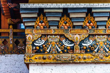 Bhutan, Punakha - Punakha Dzong 'un içerisinden detaylı görüntü.