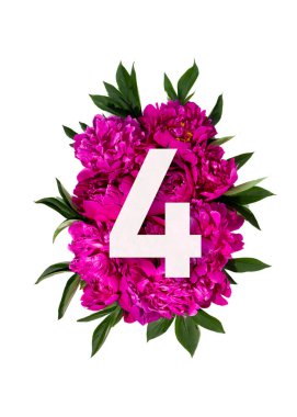 Üzerinde pembe şakayık çiçekleri ve dört numaralı beyaz tabela olan bir düzen. Düz yatıyordu. Üst görünüm.