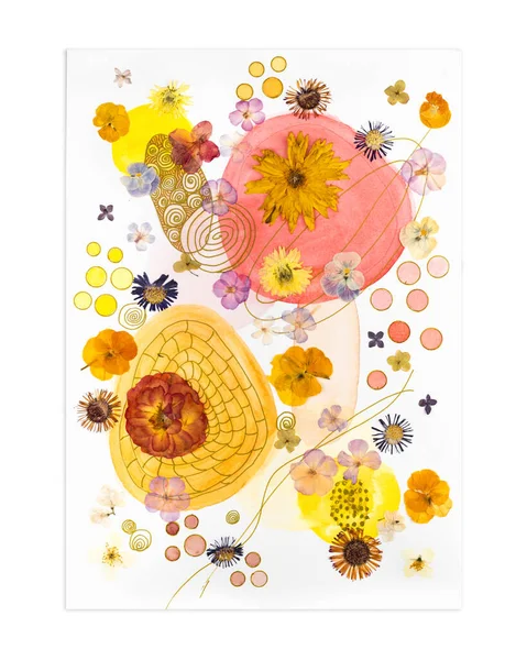 Contemporary botanical art of pressed flowers. Pressed floristry Oshibana. Geometrical Composition of dried plants. Poster idea for interior design.