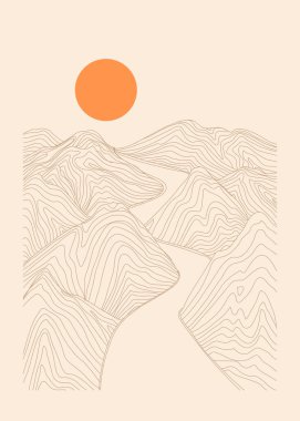 Gün doğumuna giden yol. Dağların ve yolların grafik çizelgesi. vektör illüstrasyonu