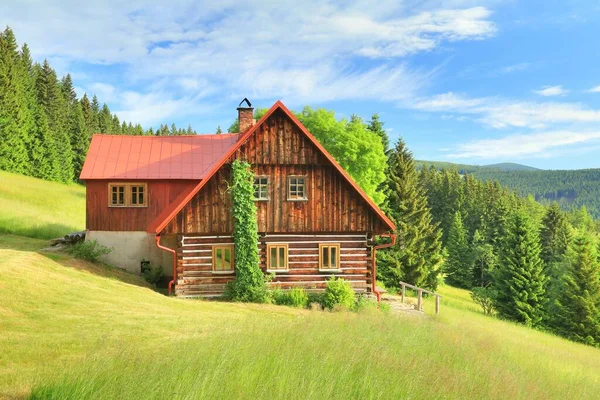 山上草地上漂亮的木制小屋 免版税图库照片