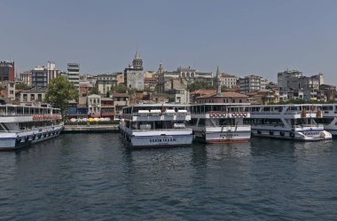 İstanbul, Türkiye - 19 Temmuz 2023: İstanbul Boğazı 'ndan turist taşıyan feribotlar Türkiye' nin başkentine park edildi.