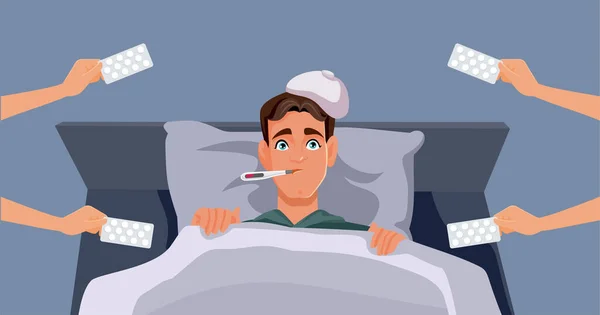 Man Resting Bed Receiving Treatment Fever Vector Illustration Dalam Bahasa - Stok Vektor