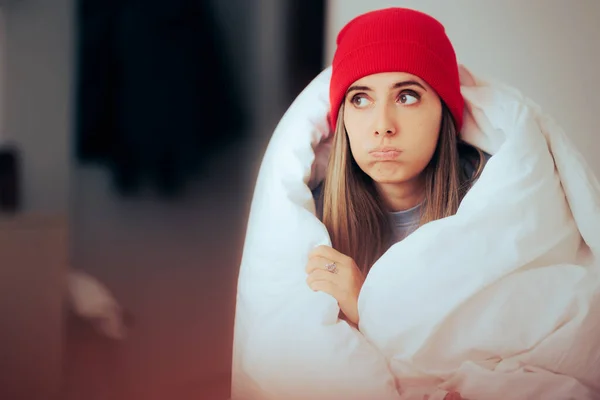 Unhappy Woman Covered Duvet Feeling Cold Home — Stock Photo, Image