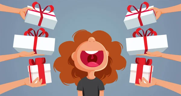 Cheerful Child Receiving Many Presents Christmas Vector Cartoon — Stock Vector
