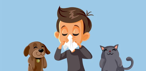 Little Boy Being Allergic Cats Dogs Vector Cartoon Illustration Dalam - Stok Vektor