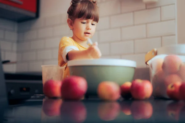 Little Girl Mixing Batter Making Apple Pie — Stok Foto
