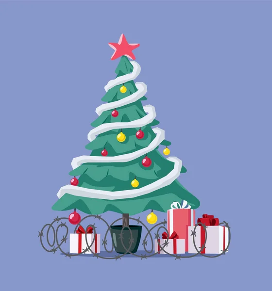 Árbol Navidad Con Regalos Protegidos Por Alambre Púas Vector Dibujos — Vector de stock
