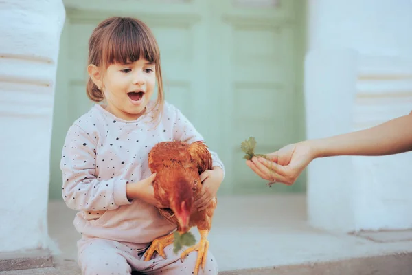 Happy Cheerful Little Girl Holding Young Pet Hen — Stok Foto