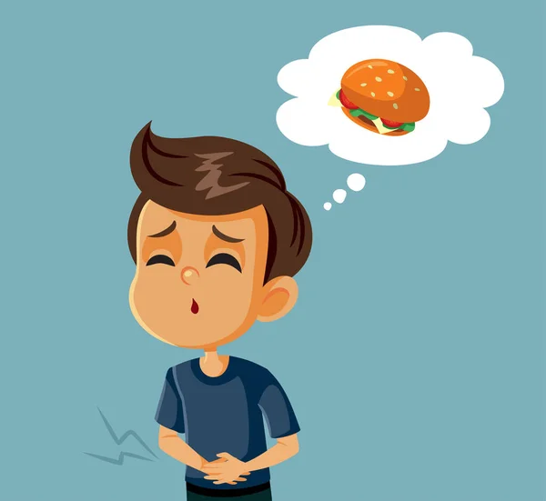 Little Boy Hurting Bycie Głodny Myślenie Hamburgerze — Wektor stockowy